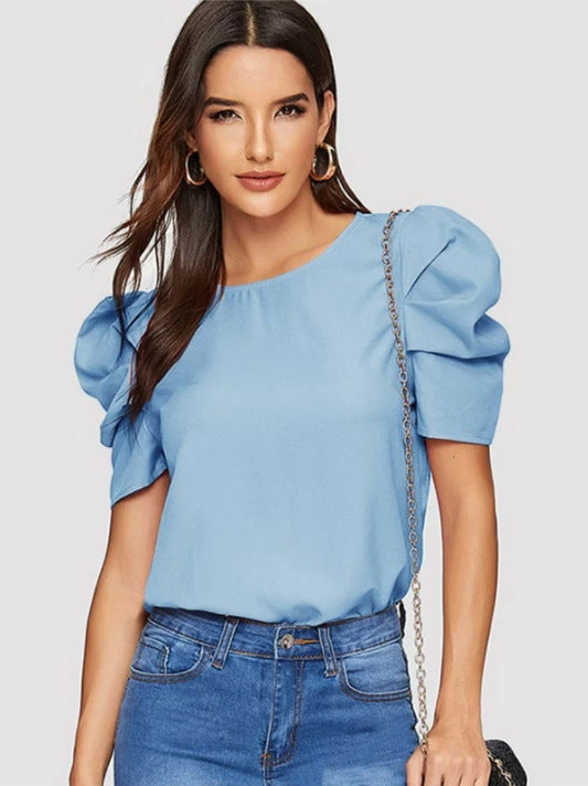 Women's Round Neck Lantern Sleeve Button Solid Blouses