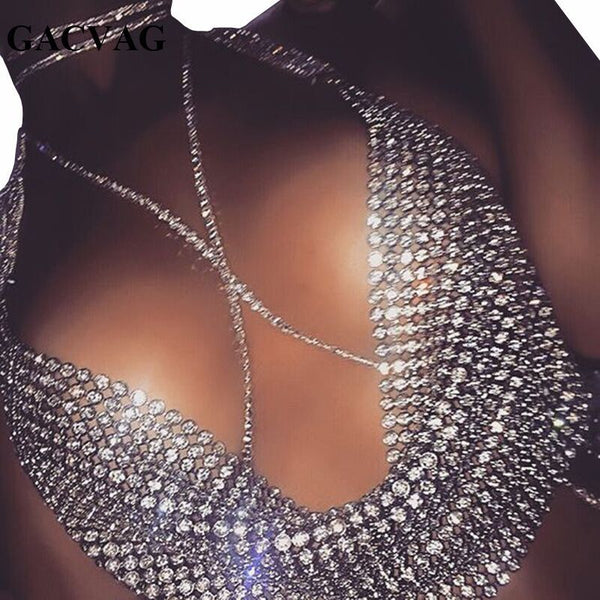 Discothèque pour femmes Low-cut Backless Strass Chain Strap Deep Blouses