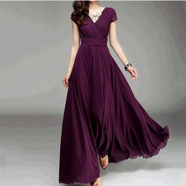 V-neck Sleeve Bohemian Chiffon Waist Dress Dresses