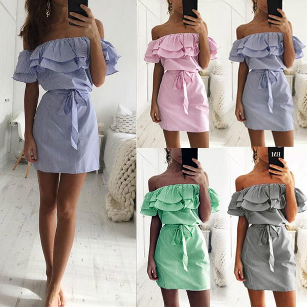 Women's Summer Ruffle Sleeve Striped Off-the-shoulder Dress Dresses