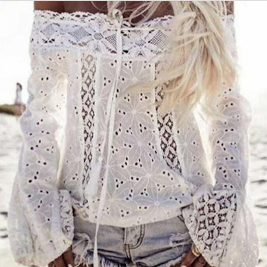 White Off-shoulder Bell Sleeve Lace Tassel Tops