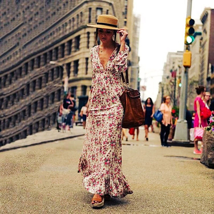 Bohemian Rayon Printed Ruffled Deep V-neck Swing Long Dresses