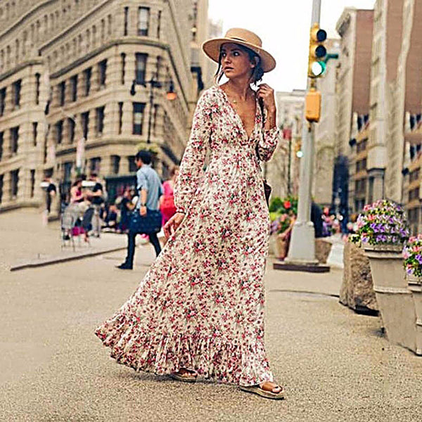 Bohemian Rayon Printed Ruffled Deep V-neck Swing Long Dresses