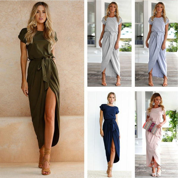 Summer Solid Color Sleeve Round Neck Irregular Dresses