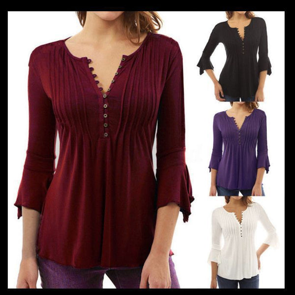 Women's 3/4 Flare Sleeve V-neck Pleated Solid Blouses