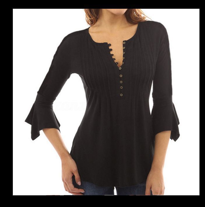 Women's 3/4 Flare Sleeve V-neck Pleated Solid Blouses