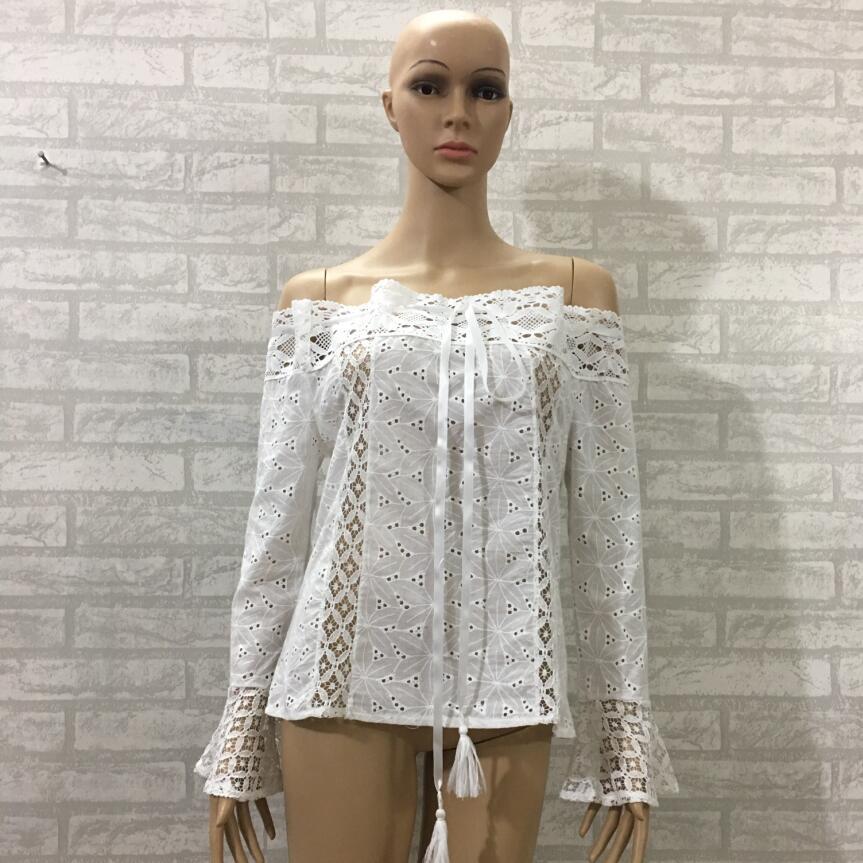 White Off-shoulder Bell Sleeve Lace Tassel Tops