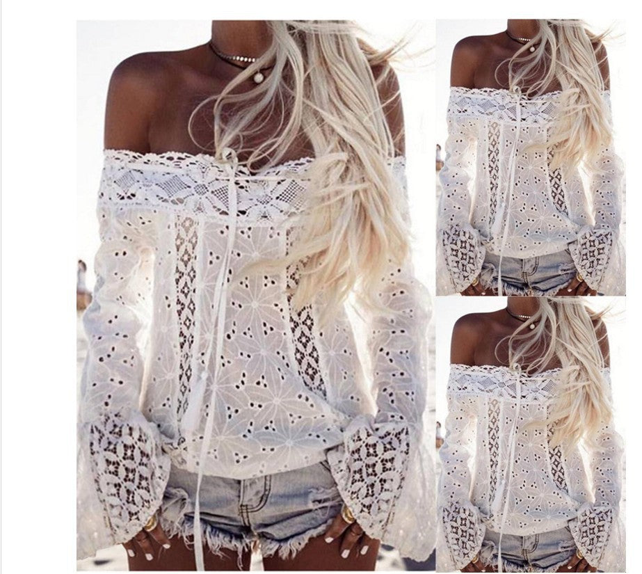 White Off-shoulder Bell Sleeve Lace Tassel Tops