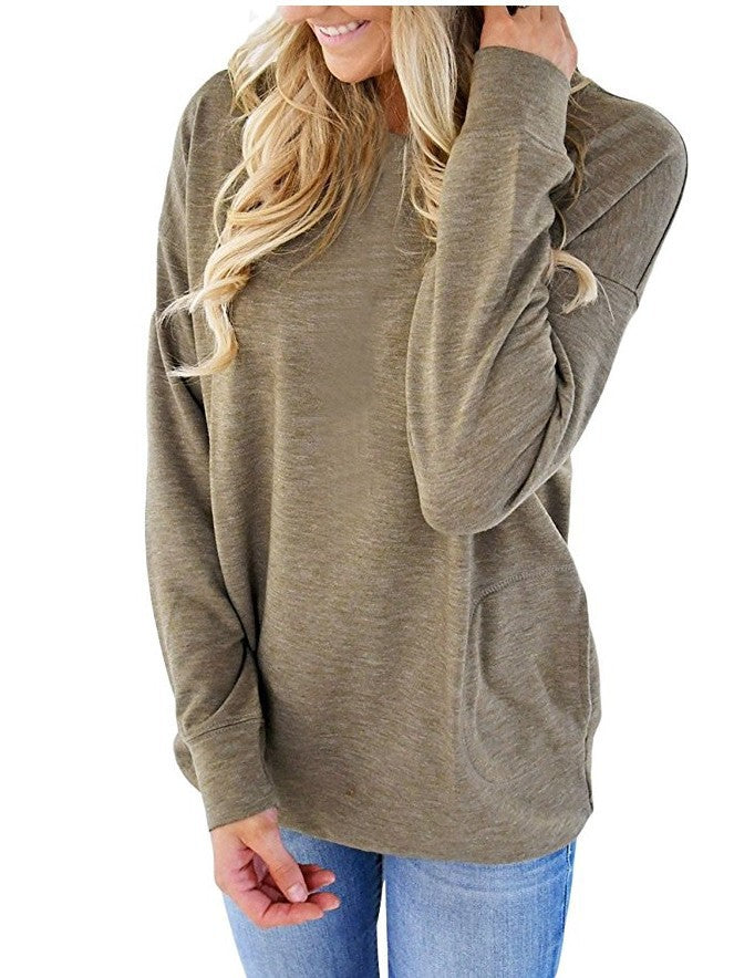 Women's Batwing Long Sleeve Pocket Solid Color Blouses