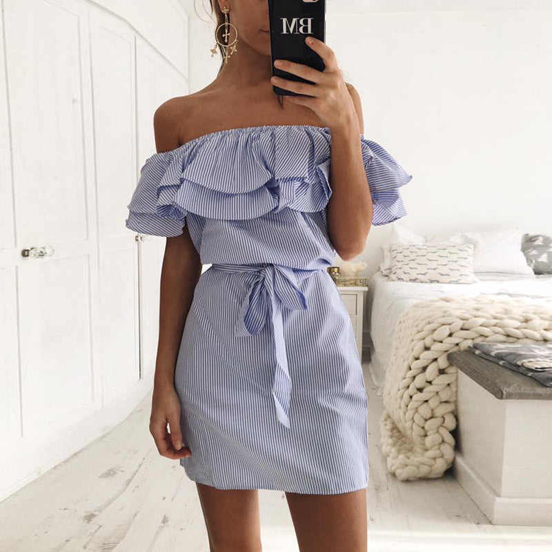 Women's Summer Ruffle Sleeve Striped Off-the-shoulder Dress Dresses