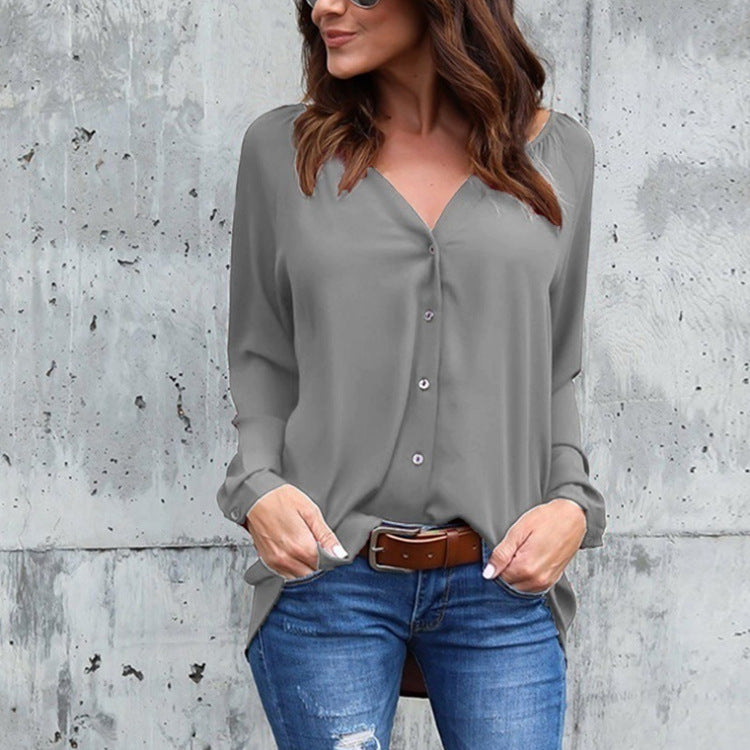 Spring Collar Pleated Button Long Sleeve Loose Chiffon Color Blouses