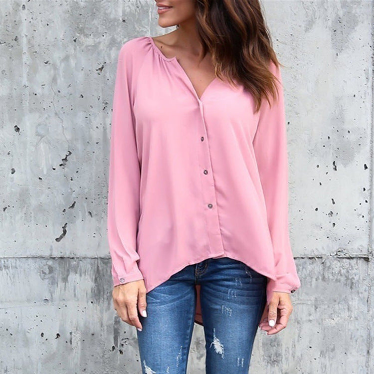 Spring Collar Pleated Button Long Sleeve Loose Chiffon Color Blouses