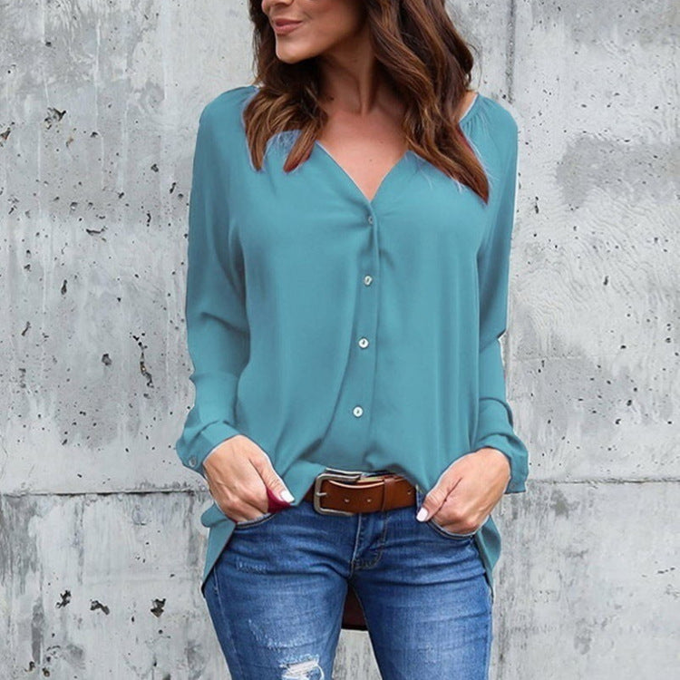 Spring Collar Pleated Button Long Sleeve Loose Chiffon Color Blouses