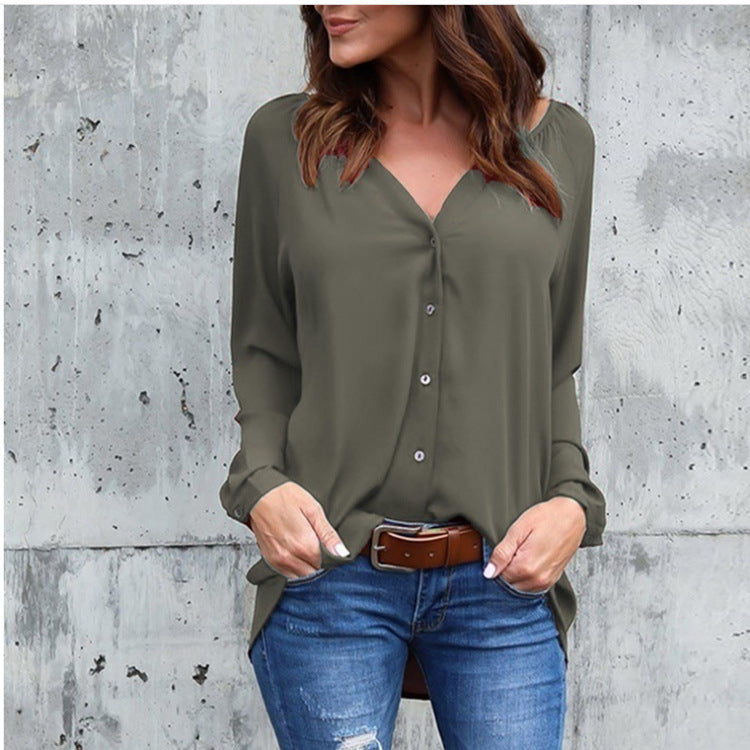 Spring Collar Pleated Button Long Sleeve Loose Chiffon Color Blouses