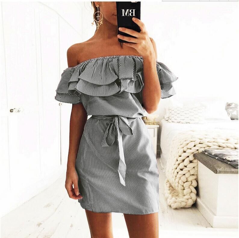 Women's Summer Ruffle Sleeve Striped Off-the-shoulder Dress Dresses