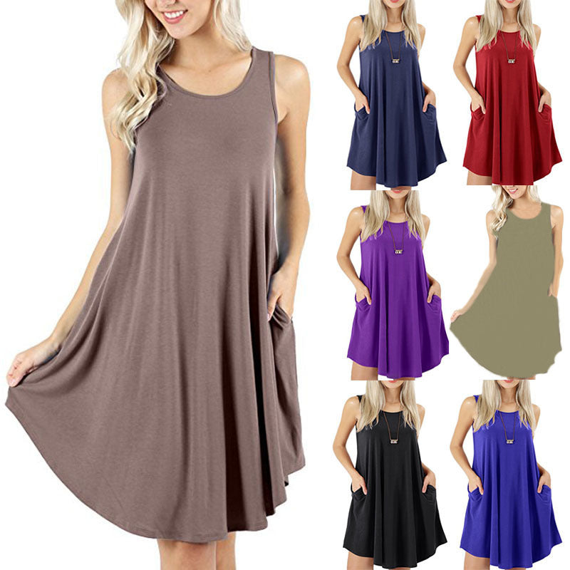Summer Sleeveless Pocket Casual T-shirt Large Swing Dresses