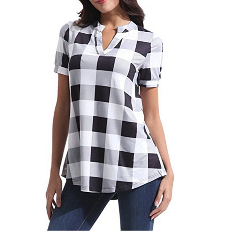 Women's Plaid Printed V-neck Sleeve Loose Shirt Blouses