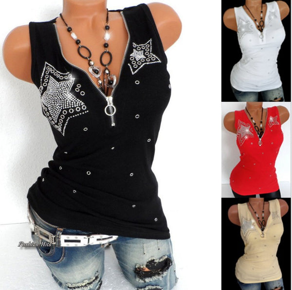 V-neck Diamond-embedded Fashion Sleeveless Solid Color Blouses