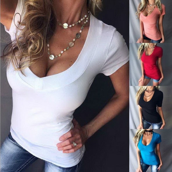 Slim-fit Solid Color Deep Sexy T-shirt Blouses