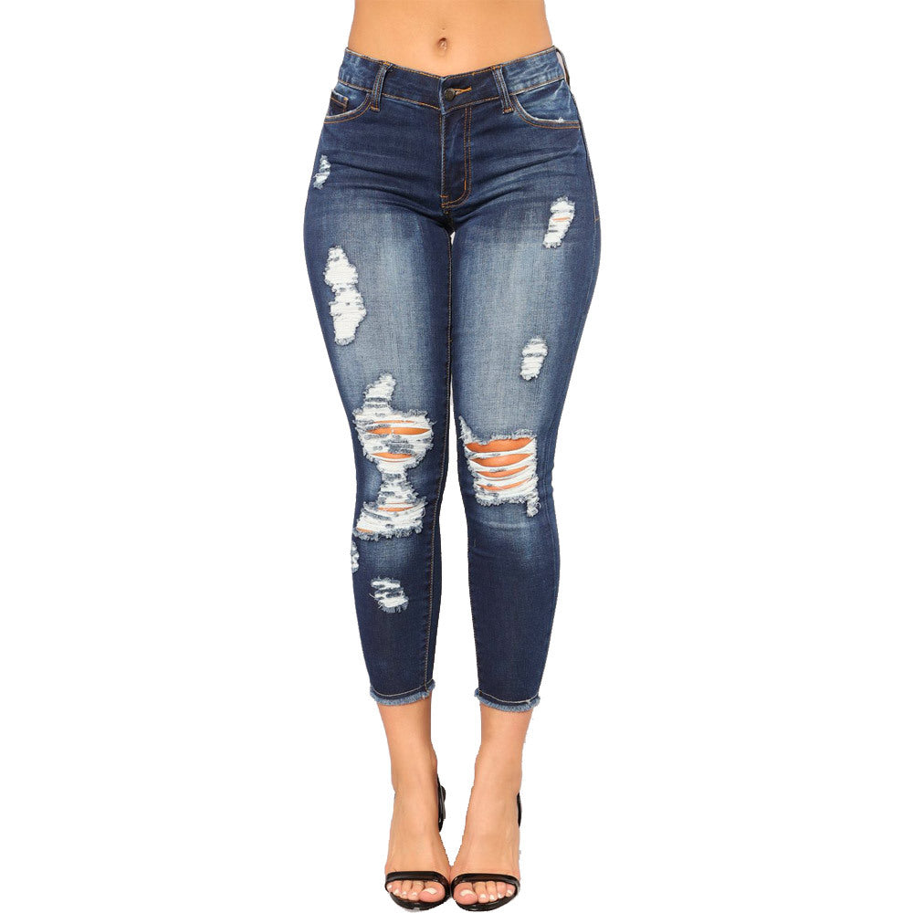 Women's Summer High Elastic Cropped Ripped Skinny Jeans