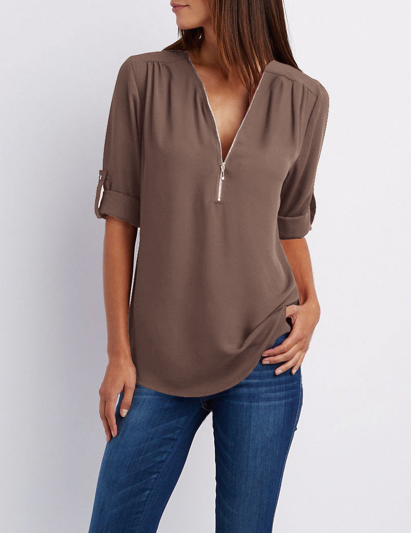 Women's Collar Zipper Long Sleeve Loose Chiffon Plus Size