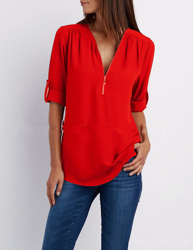 Women's Collar Zipper Long Sleeve Loose Chiffon Plus Size