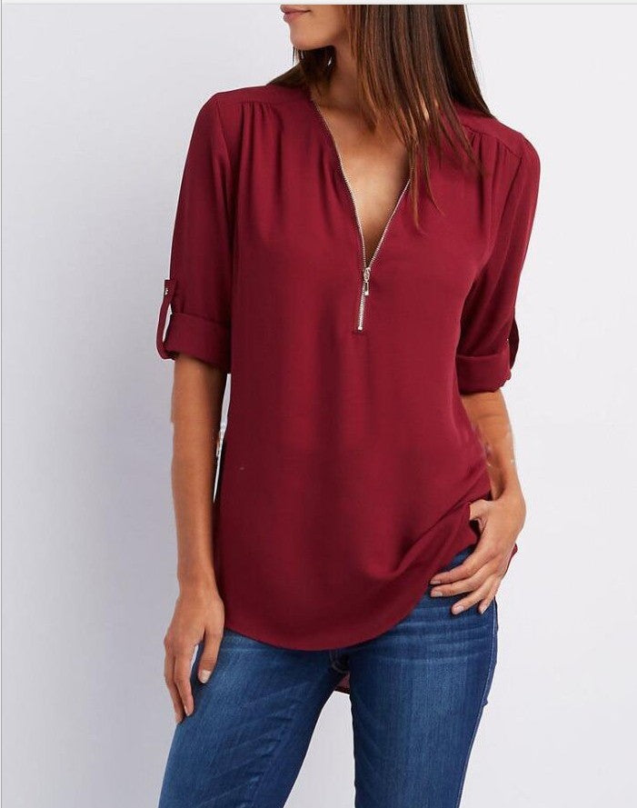 Women's Collar Zipper Long Sleeve Loose Chiffon Plus Size