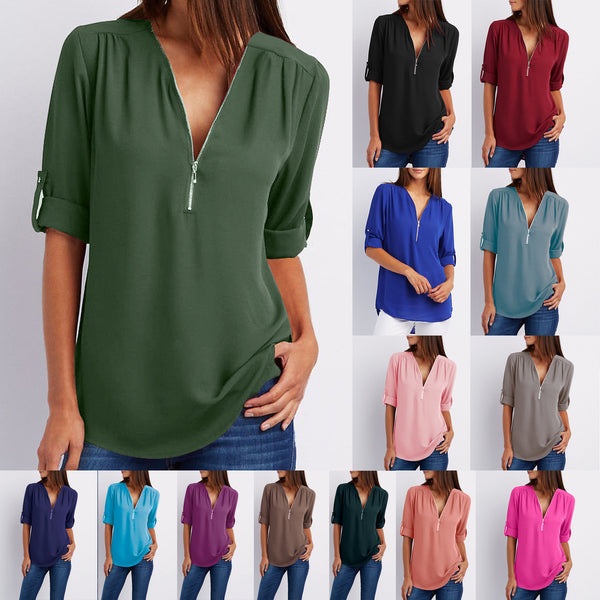 Women's Collar Zipper Long Sleeve Loose Chiffon Plus Size