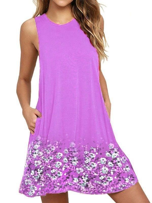 Round Neck Sleeveless Printed Beach A- Dresses