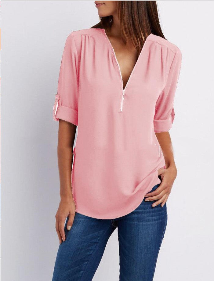 Women's Collar Zipper Long Sleeve Loose Chiffon Plus Size