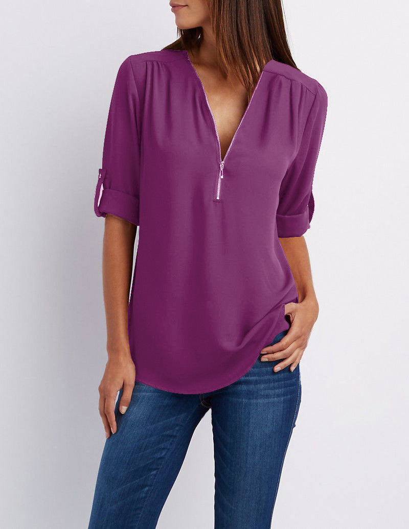 Women's Collar Zipper Long Sleeve Loose Chiffon Plus Size