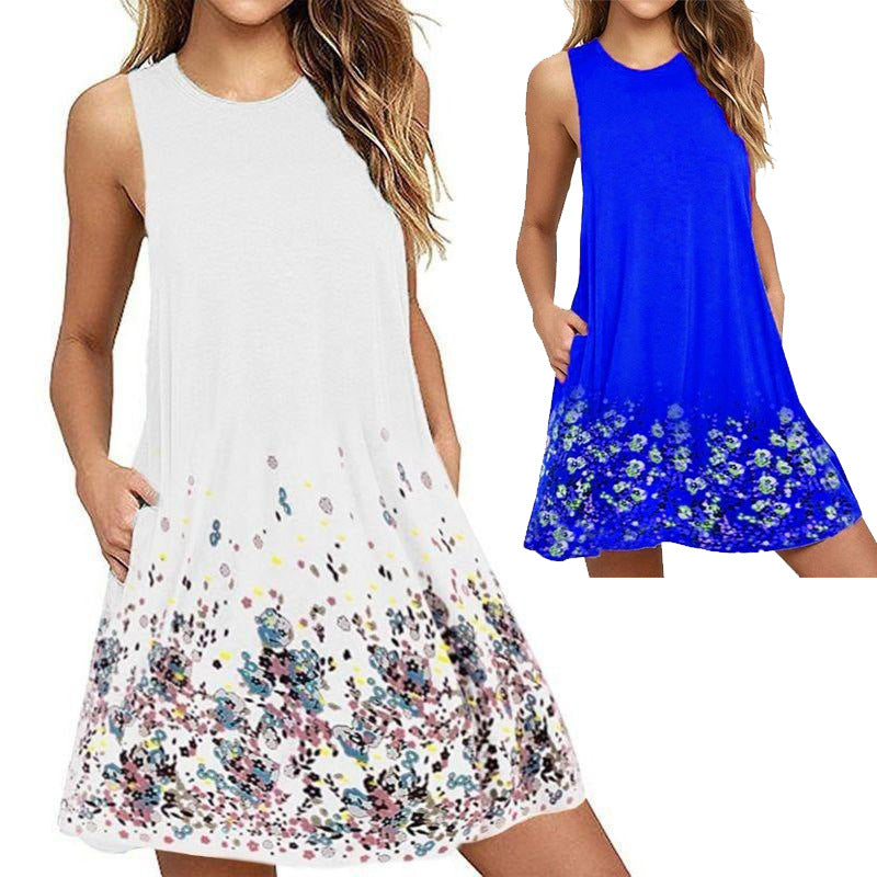 Round Neck Sleeveless Printed Beach A- Dresses