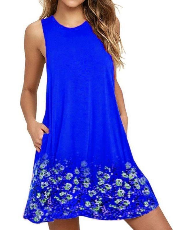 Round Neck Sleeveless Printed Beach A- Dresses