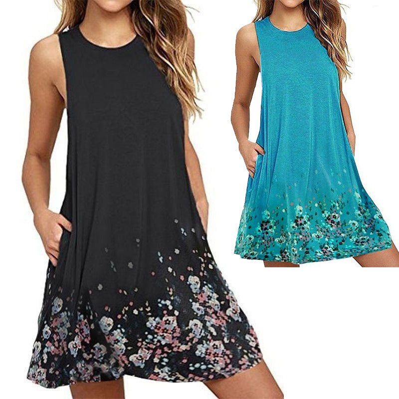 Round Neck Sleeveless Printed Beach A- Dresses