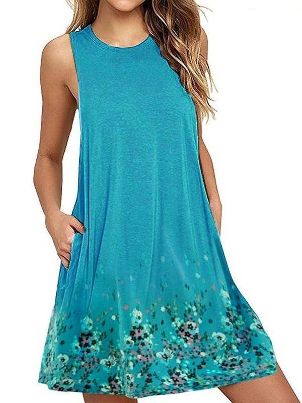 Round Neck Sleeveless Printed Beach A- Dresses