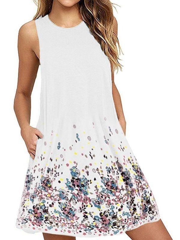 Round Neck Sleeveless Printed Beach A- Dresses