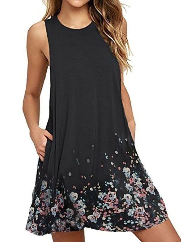 Round Neck Sleeveless Printed Beach A- Dresses