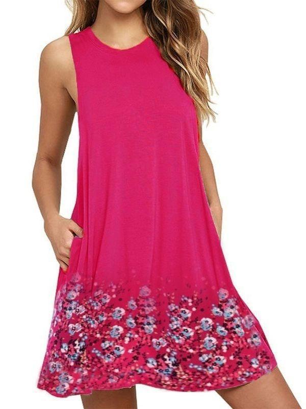 Round Neck Sleeveless Printed Beach A- Dresses