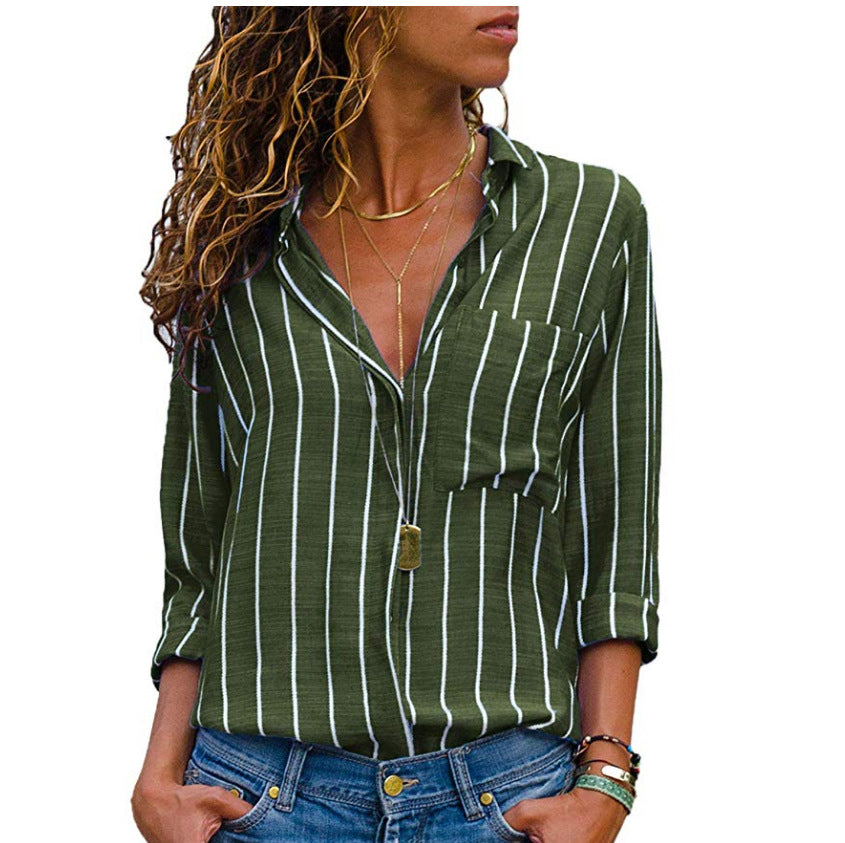 Women's Fashion Multi-color Single-breasted Striped Long Sleeve Blouses