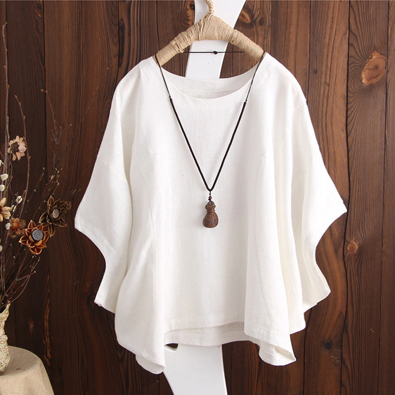 Women's Short-sleeved Loose Solid Color Batwing Sleeve Summer Round Blouses