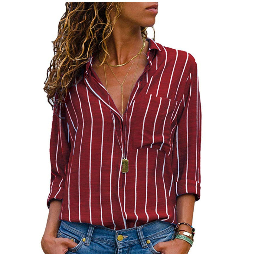 Women's Fashion Multi-color Single-breasted Striped Long Sleeve Blouses