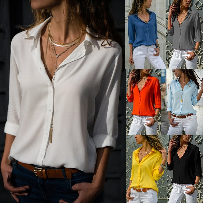Women's Long-sleeved Deep Button Chiffon Shirt Blouses