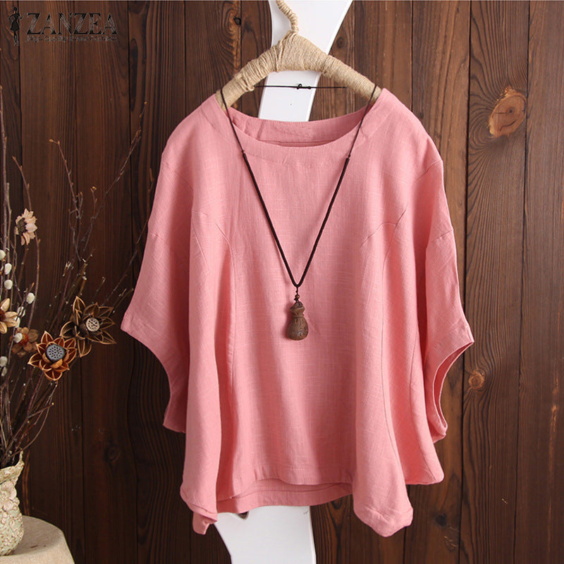 Women's Short-sleeved Loose Solid Color Batwing Sleeve Summer Round Blouses