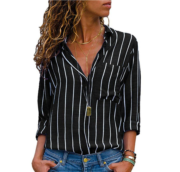 Women's Fashion Multi-color Single-breasted Striped Long Sleeve Blouses