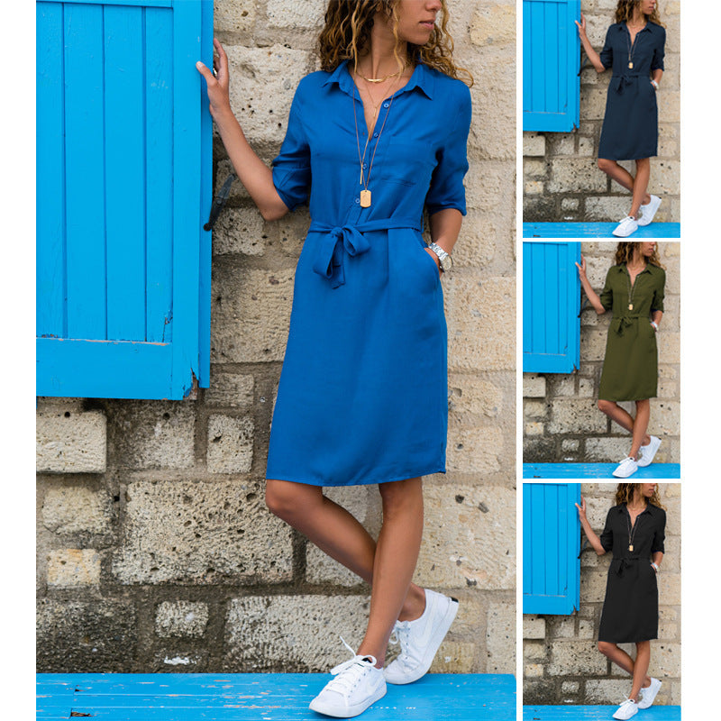 Women's Three-quarter Sleeve Shirt Tied Dress Dresses