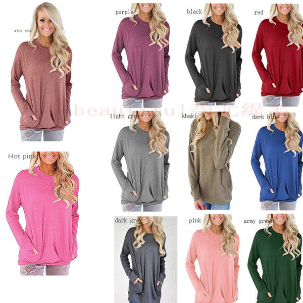 Women's Batwing Long Sleeve Pocket Solid Color Blouses