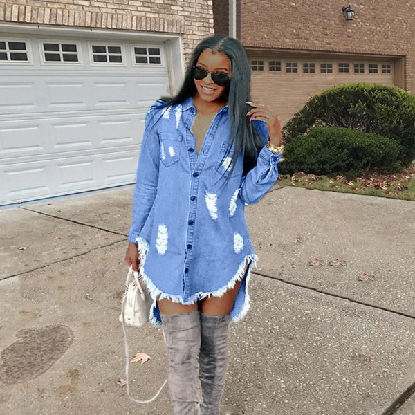 Women's Popular Ripped Tassel Denim Dress Dresses