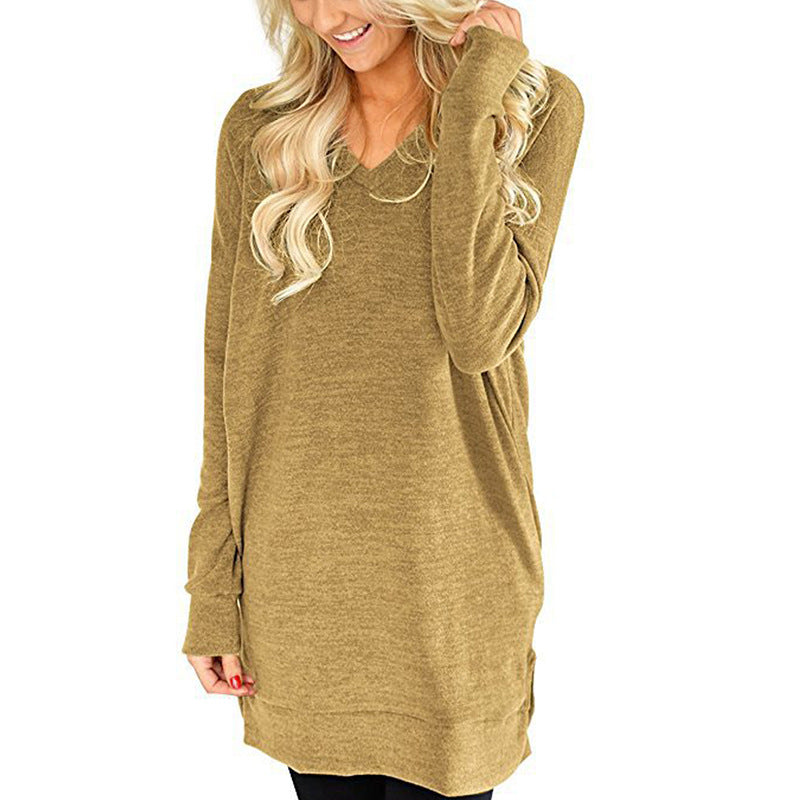 Women's Loose Long Sleeve V-neck Pocket T-shirt Blouses