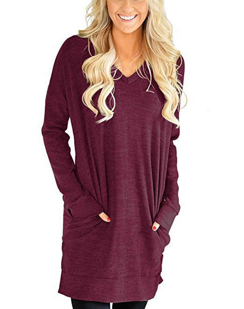 Women's Loose Long Sleeve V-neck Pocket T-shirt Blouses