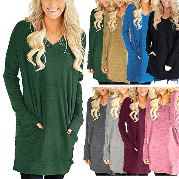 Women's Loose Long Sleeve V-neck Pocket T-shirt Blouses